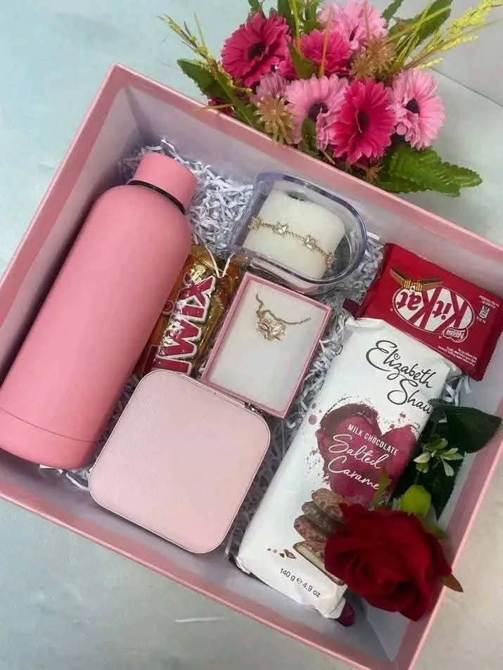Retainable water flask + boxed hand chain + necklace + chocolate + rose + jewellery box + extra chocolate Package
