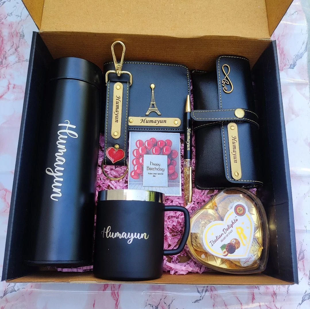 Customized Thermocool water flask + mug + keychain + pen + pocket wallet + purse + ⁠chocolate + ⁠card